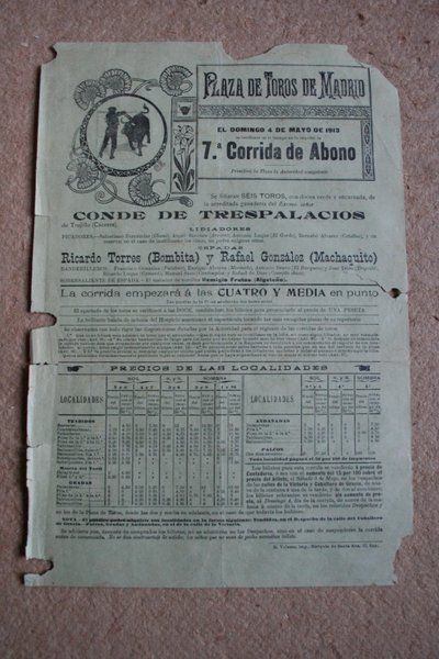 Cartel de toros de Madrid. 4 de mayo de 1913.