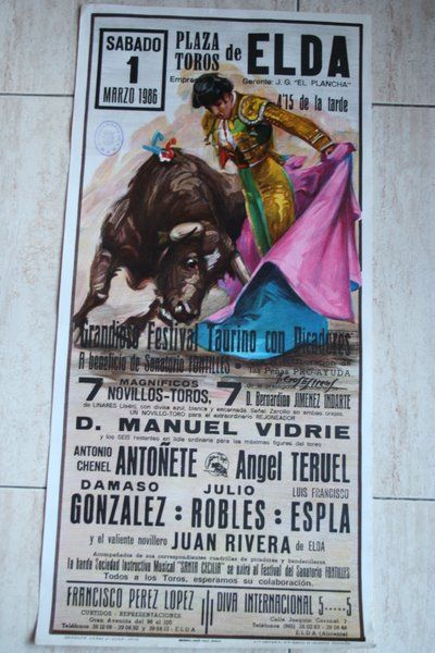 Cartel de toros de Elda. Gran Festival Taurino con picadores a beneficio del sanatorio Fontilles. 1 de marzo de 1986.