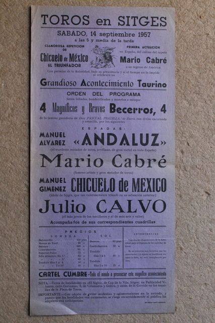 Cartel de toros de Sitges. 14 de septiembre de 1957. 