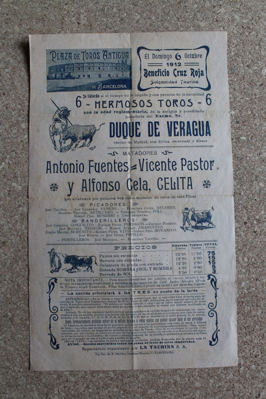 Cartel de toros de Barcelona. 6 de octubre de 1912. Beneficio Cruz Roja. 