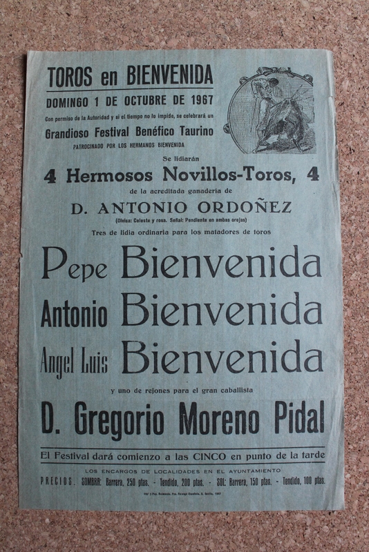 Cartel de toros de Bienvenida. 1 de octubre de 1967. Festival Benéfico Taurino.