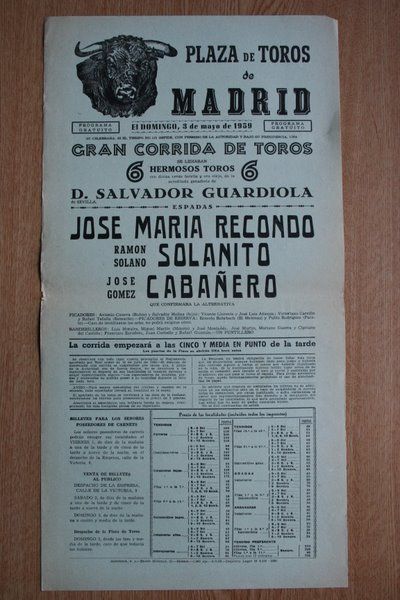 Cartel de toros de Madrid. 1959.