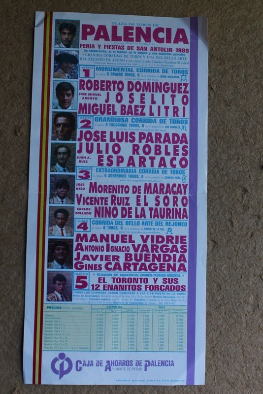 Cartel de toros de Palencia. Feria y Fiestas de San Antolín 1989. 1, 2, 3, 4 y 5 de septiembre.