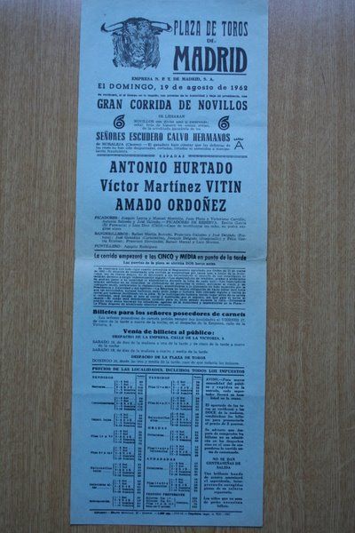 Cartel de toros de Madrid. 1962.