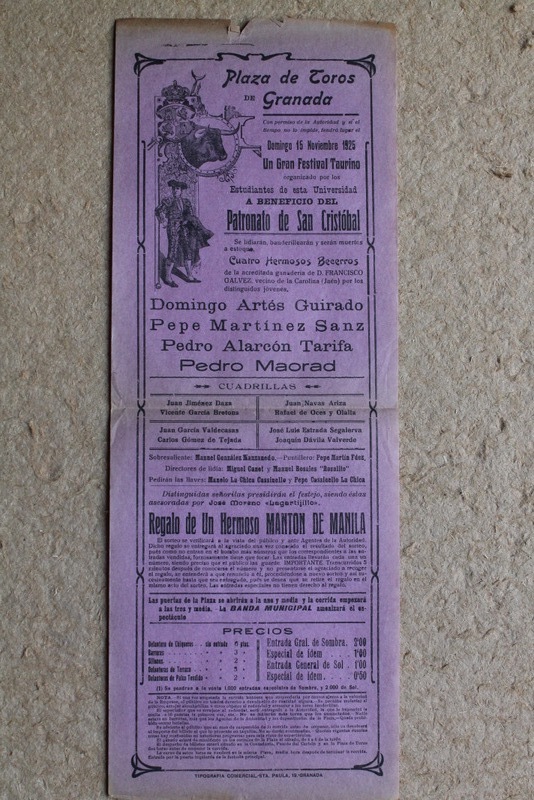 Cartel de toros de Granada. 15 de noviembre de 1925. Festival taurino a beneficio del Patronato de San Cristóbal.