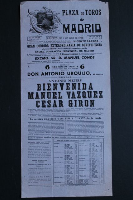 Cartel de toros de Madrid. Beneficencia. 7 de Junio de 1956.