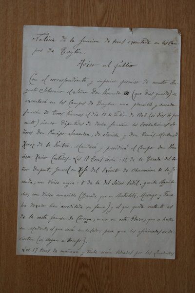 Manuscrito: Noticia de la Función de Toros executada en los Campos de Baylén. Aviso al público. Con el correspondiente y superior permiso de nuestro Augusto Soberano el Señor Don Fernando VII (que Dios Guarde) se executará en los Campos de Baylén una ...