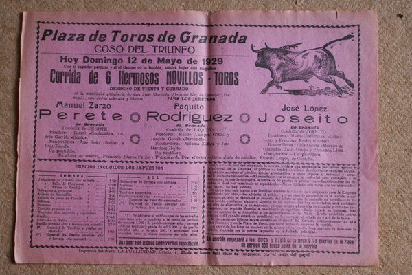 Cartel de toros de Granada. 12 de mayo de 1929.