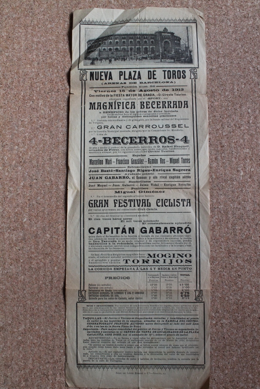 Cartel de toros de Barcelona. 15 de agosto de 1913.