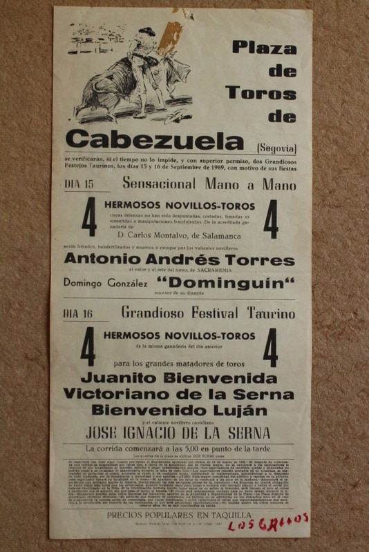 Cartel de toros de Cabezuela. (Segovia). 15 y 16 de septiembre de 1969.