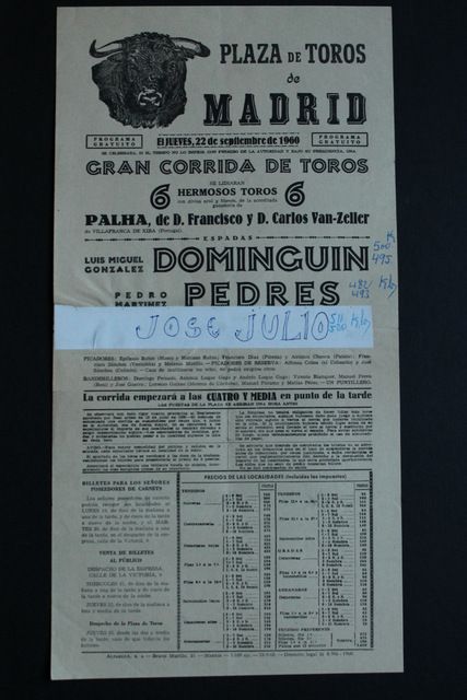 Cartel de toros de Madrid. Jueves, 22 de septiembre de 1960.