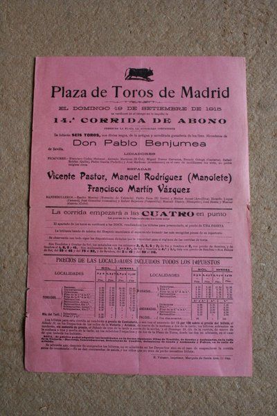 Cartel de toros de Madrid. 19 de septiembre de 1915. 