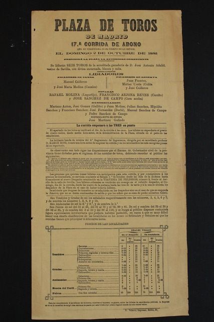 Cartel de toros de Madrid. 2 de octubre de 1881. 