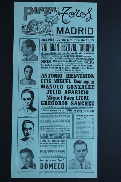 Cartel de toros de Madrid. Jueves, 27 de octubre de 1960. VIII Festival Taurino a beneficio de la Campaña de Navidad.