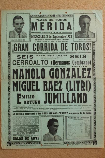 Cartel de toros de Mérida. 3 de septiembre de 1952.