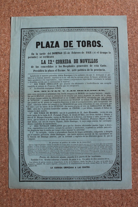 Cartel de toros de Madrid. 23 de febrero de 1851.