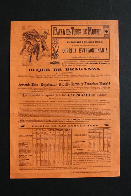 Cartel de toros de Madrid. 8 de junio de 1913. 