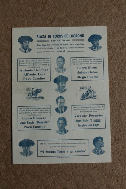 Cartel de toros de Logroño. San Mateo 1962. 21, 22, 23, 24 y 25 de septiembre.