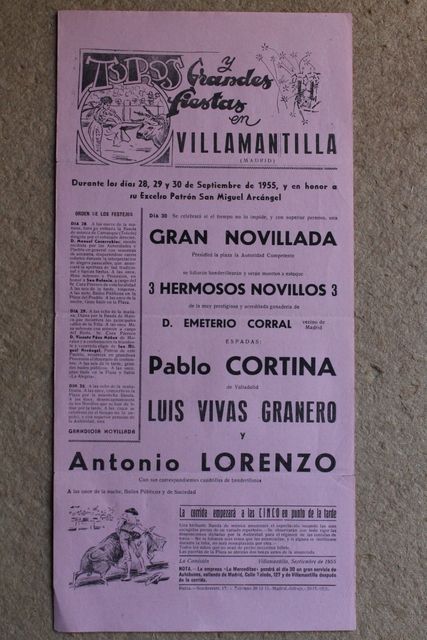 Cartel de toros de Villamantilla. 28, 29 y 30 de septiembre de 1955.