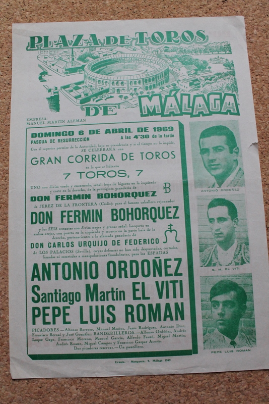 Cartel de toros de Málaga. 6 de abril de 1969.