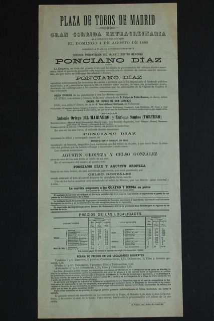 Cartel de toros de Madrid. 4 de agosto de 1889.