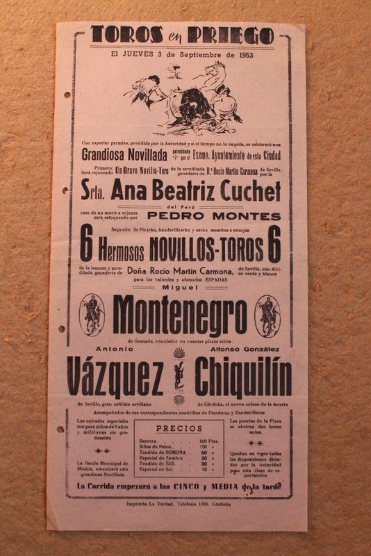 Cartel de toros de Priego. 3 de septiembre de 1953.