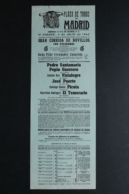 Cartel de toros de Madrid. 3 de julio de 1965.
