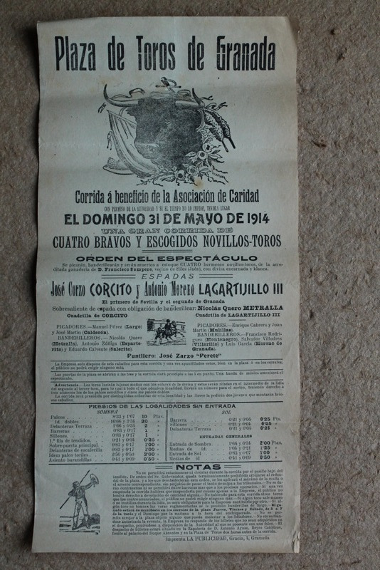 Cartel de toros de Granada. 31 de mayo de 1914. Corrida a beneficio de la Ascociación de Caridad. 