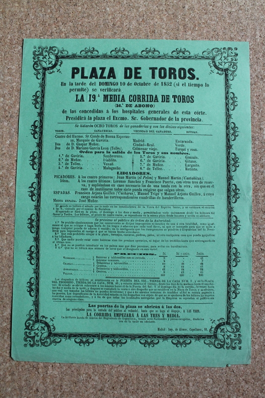 Cartel de toros de Madrid. 10 de octubre de 1852.
