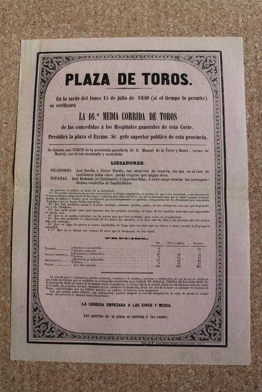 Cartel de toros de Madrid.15 de julio de 1850.