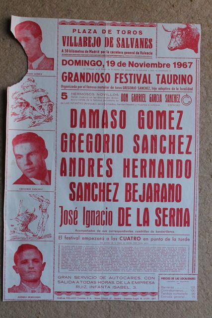 Cartel de toros de Villarejo de Salvanés. 19 de noviembre de 1967.
