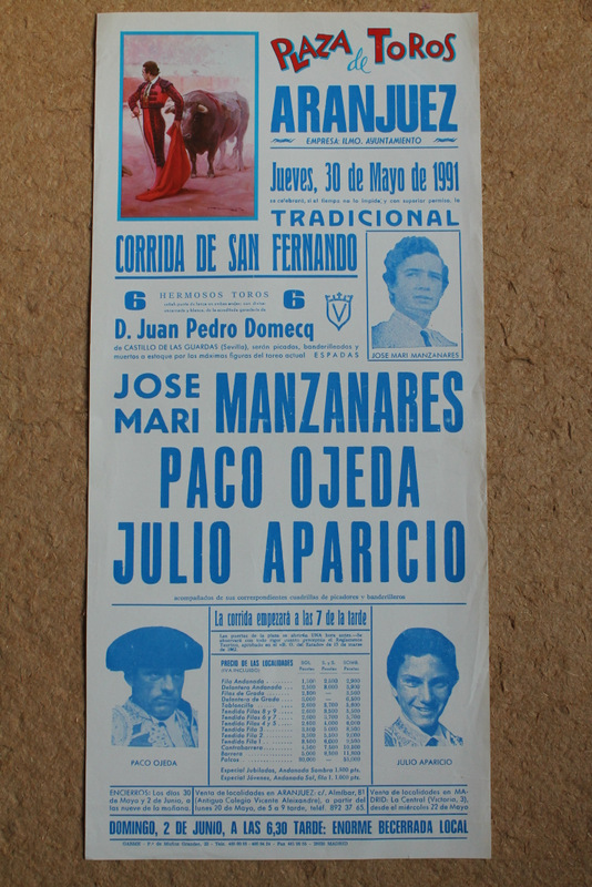 Cartel de toros de Aranjuez. 30 de mayo de 1991.