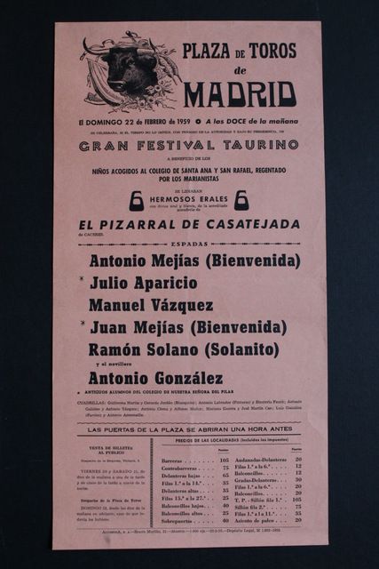Cartel de toros de Madrid. 22 de febrero de 1959.