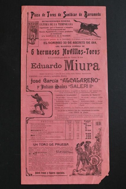 Cartel de toros deSanlúcar de Barrameda. 30 de agosto de 1914.