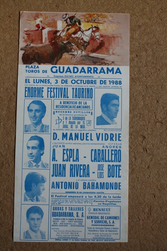 Cartel de toros de Guadarrama. 3 de octubre de 1988. Festival Taurino a beneficio de la residencia de ancianos.