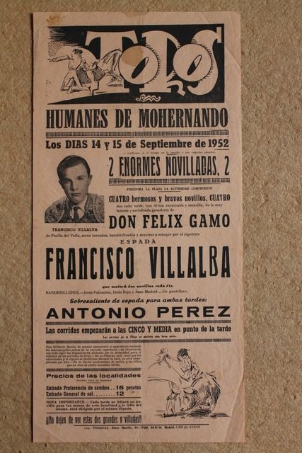 Cartel de toros de Humanes de Mohernando. 14 y 15 de septiembre de 1952.