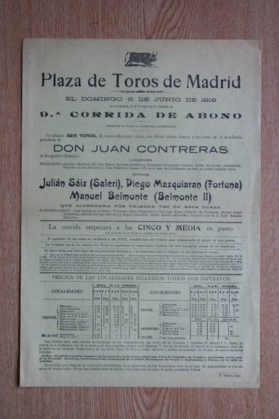 Cartel d toros de Madrid. 1919.
