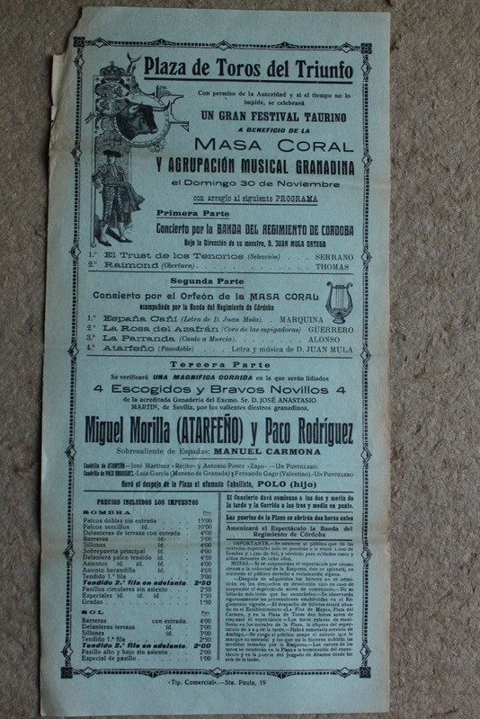 Cartel de toros de Granada. 30 de noviembre. Festival Taurino a beneficio de la Masa Coral y Agrupación Musical Granadina.