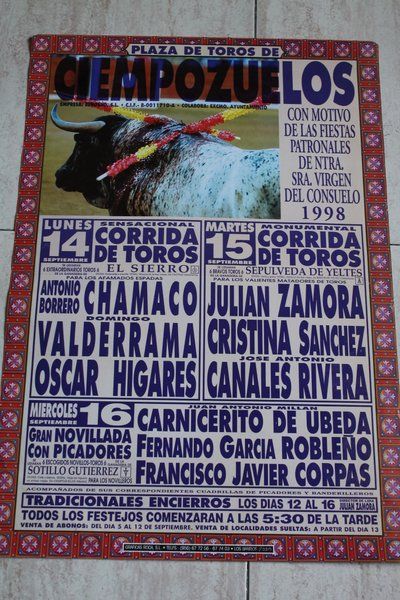 Cartel de toros de Ciempozuelos. Fiestas de la Virgen del Consuelo 1998. Días 14, 15 y 16 de septiembre.