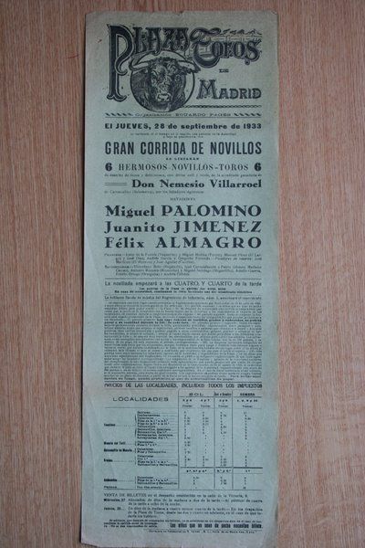 Cartel de toros de Madrid. 1933.