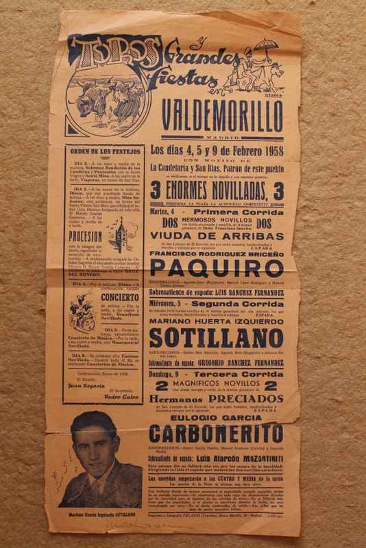 Cartel de toros de Valdemorillo. 4, 5 y 9 de febrero de 1958.