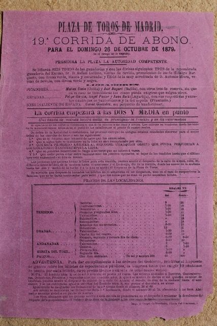 Cartel de toros de Madrid. 26 de octubre de 1879.