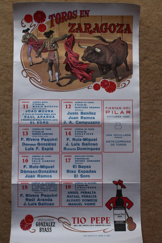 Cartel de toros de Zaragoza. Fiestas del Pilar. 11 al 19 de octubre de 1980.