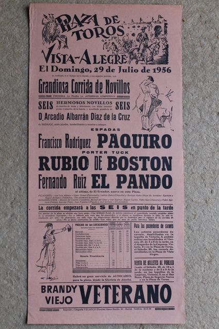Cartel de toros de Vista-Alegre. Madrid. 29 de julio de 1956. 
