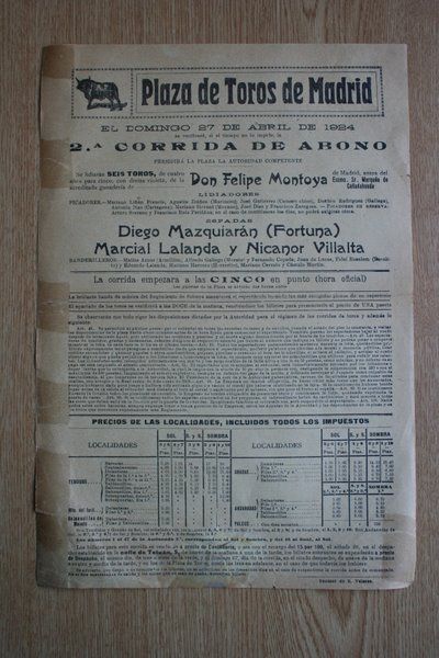 Cartel de toros de Madrid. 1924.