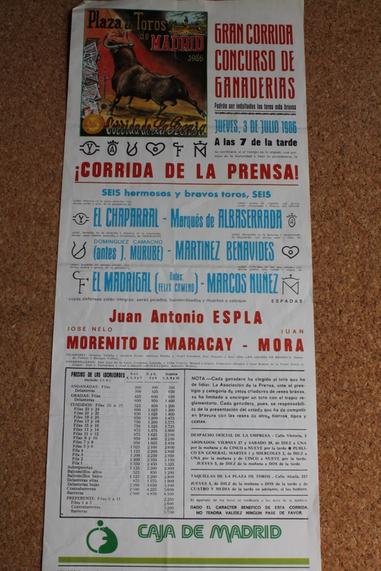Cartel de toros de Madrid. 3 de julio de 1986. Corrida de la Prensa. Concurso de ganaderías