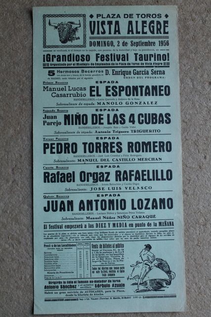 Cartel de toros de Vista Alegre. Madrid. 2 de septiembre de 1956. 