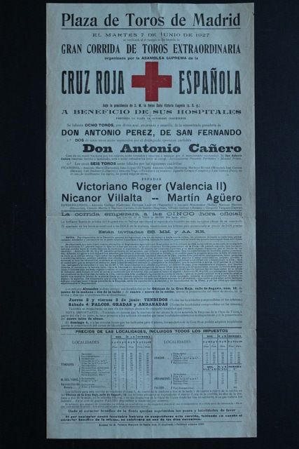 Cartel de toros de Madrid. 7 de junio de 1927. Gran corrida de toros extraordinaria organizada por la Asamblea Suprema de la Cruz Roja española