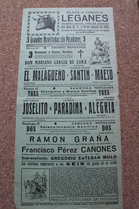 Cartel de toros de Leganés. 16, 17 y 19 de agosto de 1962. 
