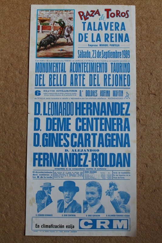 Cartel de toros de Talavera de la Reina. 23 de septiembre de 1989.